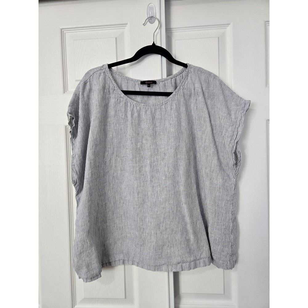 Quince Womens 100% European Linen Pinstripe Top Blue White XL